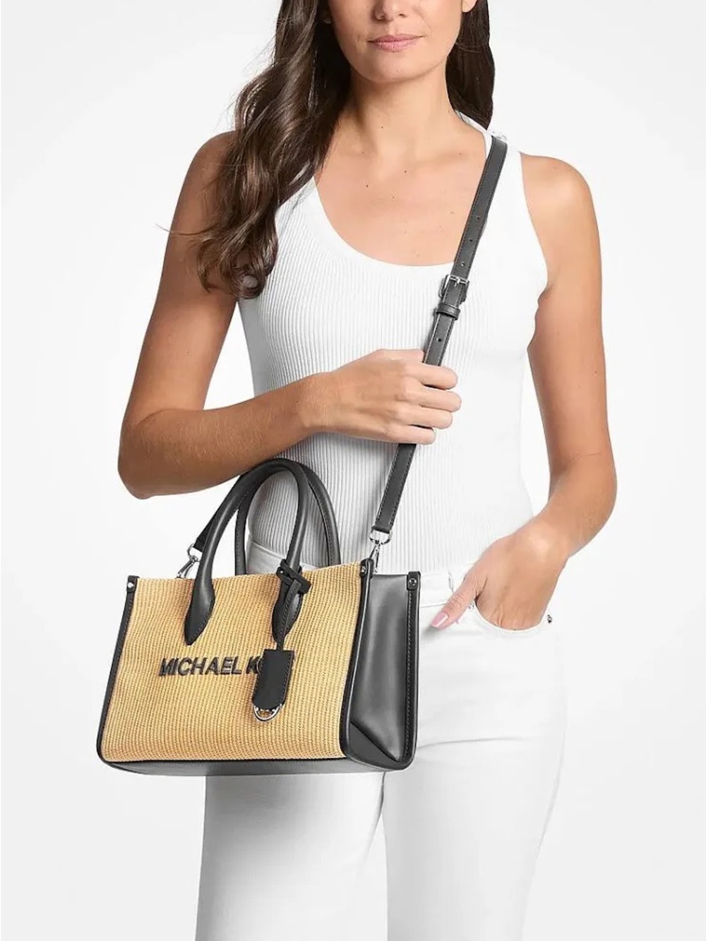 Michael Kors Tan Straw Satchel with Black Leather Trim new sealed with tag